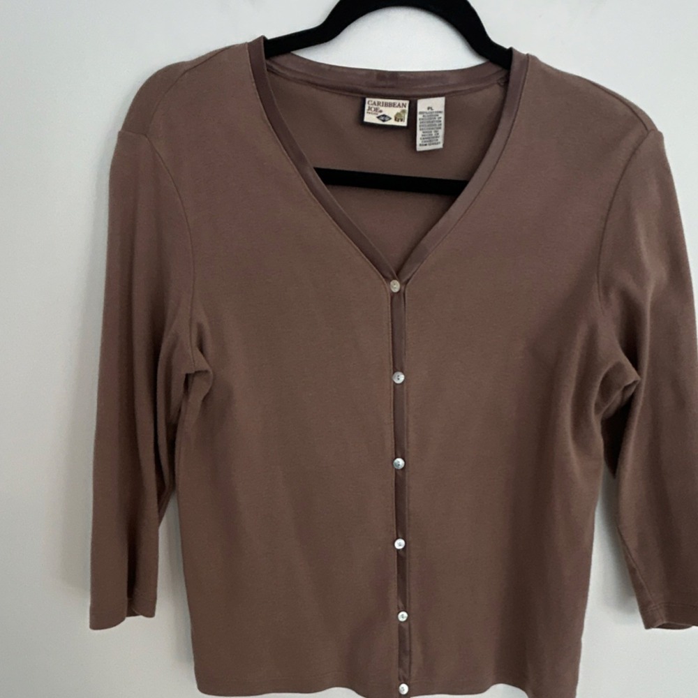 Caribbean Joe Brown Button Cardigan Sweater PL Petite 100% Cotton V-Neck